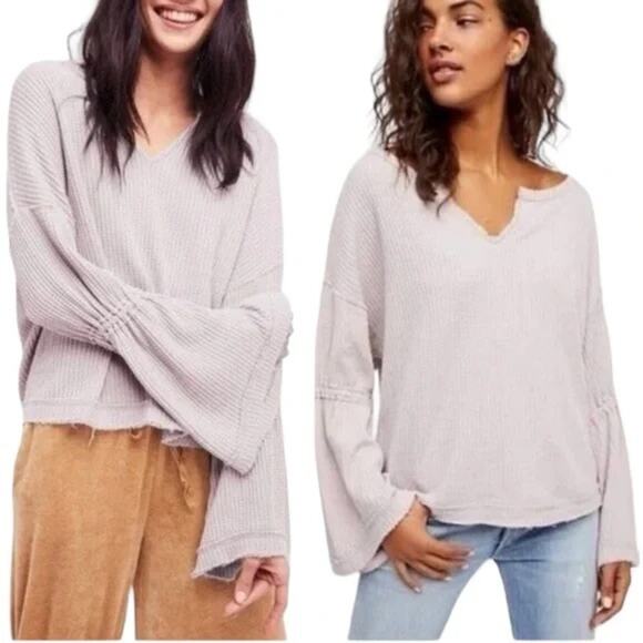 Free people we the free Dahlia Bell-Sleeve Waffle Knit Long Sleeve Top - Picture 1 of 8